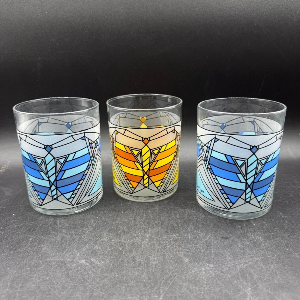 Frank Lloyd Wright MoMA Butterfly Window Glass Set of 3 Blue Yellow Whiskey - Picture 4 of 9
